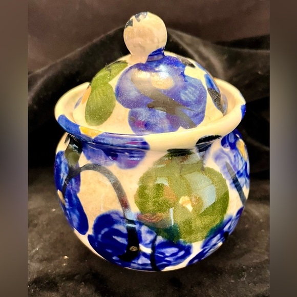 Pottery Hand Painted Sugar Bowl Honey Pot Signed Eden Cottagecore Pansy Floral - Picture 12 of 12